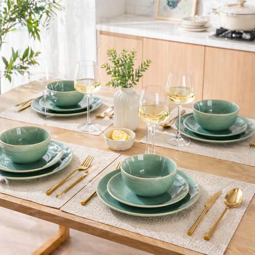 Image of GBHOME Ceramic Dinnerware Sets for 6, 18 Pieces Stoneware Plates and Bowls Sets, Reactive Glaze Dishes -Scratch Resistant, Dishwasher&Microwave Safe-Malachite Green