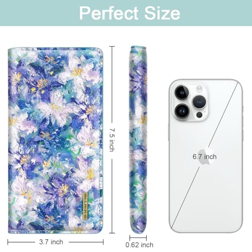 Ultra Slim Womens Wallet Minimalist Thin Long Leather Bifold Wallet RFID Blocking Card Holder Organizer with Zipper Coin Pocket Ladies Girls Gift Purse, Blue Flowers3