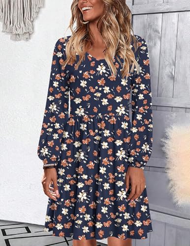 HOTOUCH Womens Casual A Line Dress V Neck Tiered Long Sleeve Fit Swing Dress with Pockets Loose Ruffled Dresses4