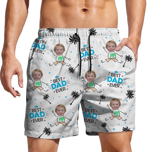 Custom Photo Best Dad Ever Coconut Palm Beach Short Upload Photo With Pattern Men's Beach Short 3D Printed Beach Board Shorts with Pockets Cool Mesh Lining, Personalized Kid's Face Beach Board Shorts