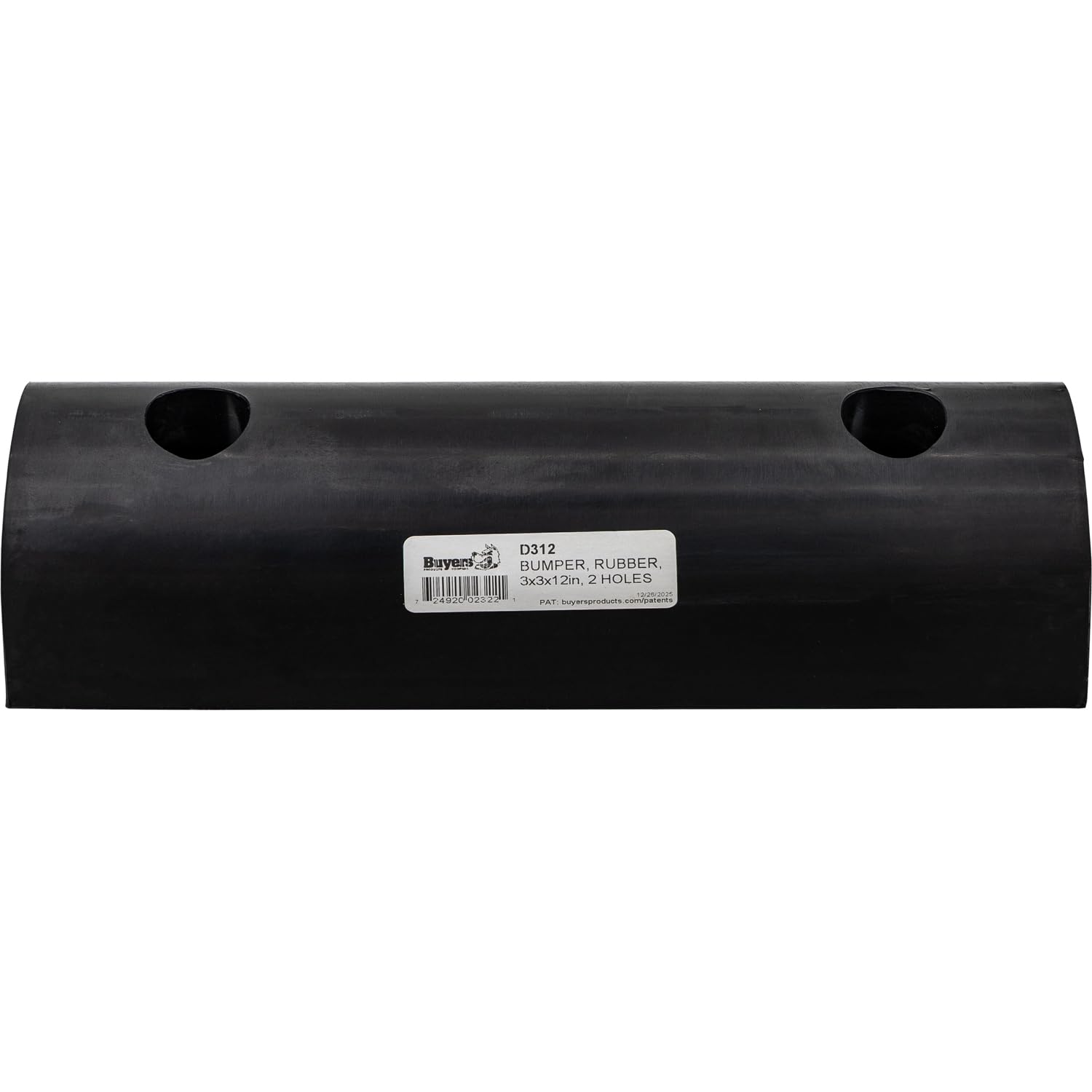 Buyers Products D312 Extruded D-Shaped Rubber Bumper, 3 X 3 X 12, 2 Holes, Truck And Trailer Protection, Durable Dock Bumper For Equipment And Delivery Bays