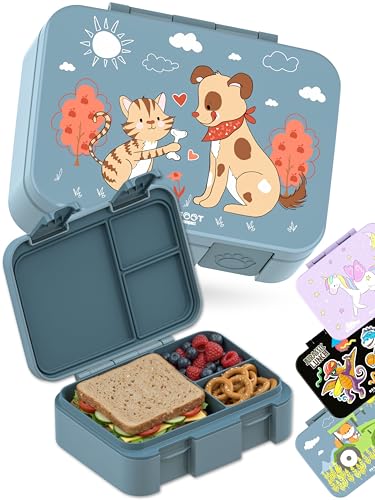 Image of BEARFOOT Kids Lunch Box with Compartments - Compact & Lightweight | Leak-Proof, BPA-Free, Dishwasher Safe | Hand-Drawn Design for Preschool, School, Travel (Dog & Cat Blue, 2.75 Cups)