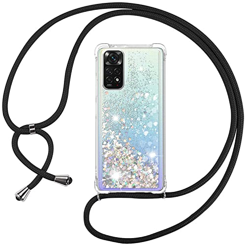 ISOI Funda con Cuerda para Xiaomi Redmi Note 11 4G/Redmi Note 11S 4G, Carcasa Brillante Glitter Transparente TPU Silicona Protección Case con Ajustable Colgante Correa de Cuello Cadena Cordón, Negro Cover