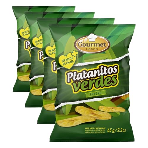 Platanitos Verdes - Bolsa Individual de 65 g - Sabor Salado - Elaborado con Plátano Fresco Verde - Aceite de Girasol 100% - Ideal Como Aperitivo - Gourmet Latino (Paquete de 4)