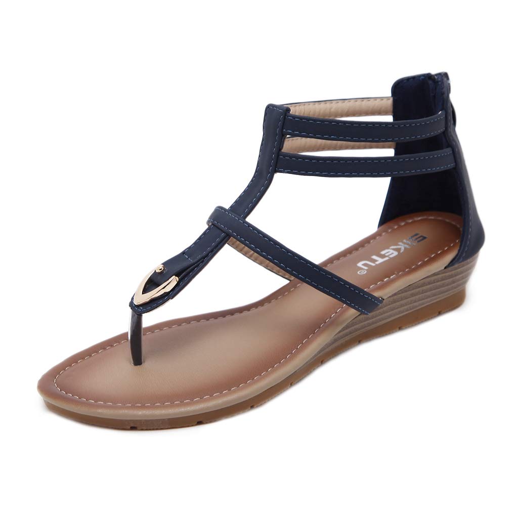 Women's Roman T-strap Low Wedge Sandals Gladiator Strappy Summer Beach Back Zipper Flip Flops Shoes