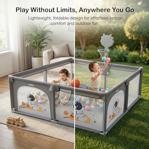 Image of Baybee 180 x 150 CM Kids Playpen for Babies with Basket Ball Hoop | Baby Play Area Indoor Setup with Colourful Balls, Zipper Door & Toys Pouch | Kids Activity Play Gate Fence with Corner Protection | Outdoor play pen for baby for 0 - 5 years Boys Girls (Grey)