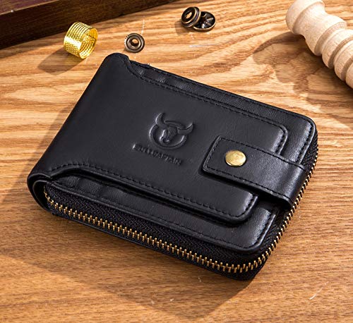 BULLCAPTAIN Genuine Leather Men Wallet with ID Window RFID Blocking Zipper Bifold Wallets Multi Card Holder Zip Coin Purse (Black)3