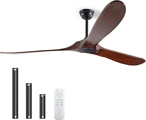 Ventiladores de techo de madera de 70 pulgadas sin luz, ventiladores de techo con 3 cuchillas y varillas inferiores, 6 velocidades, motor de CC,