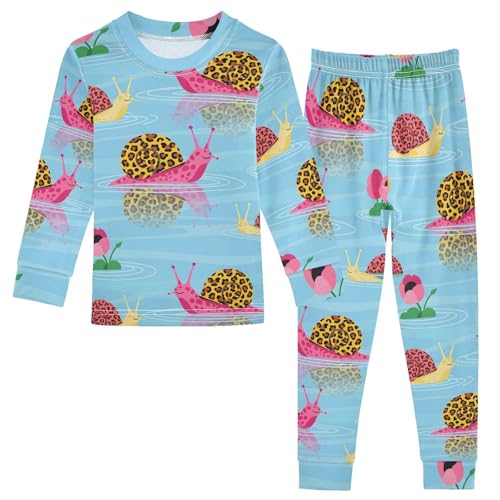 Pajama Sets Long Sleeve Cute Leopard Snails on Blue Soft Comfy Sleepwear 2 Piece PJS 3-8T