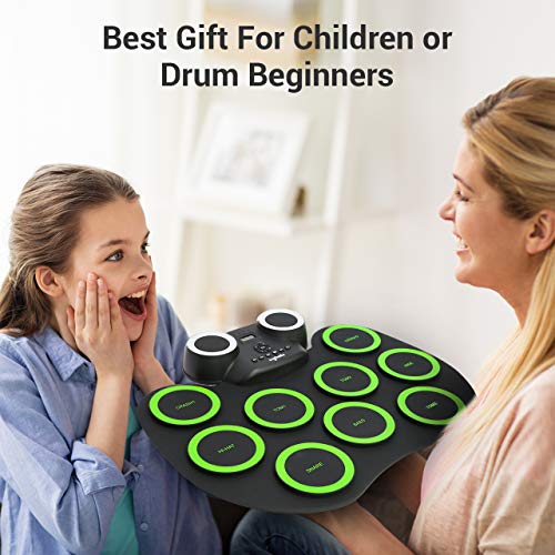 Electronic Drum Kit 9 Pads Roll-up Practice Drum Set for 8h Playing With Built-in Speaker, Headphone, USB MIDI Jack for Kids, Teens, and Adults Beginner, Best Birthday Gift