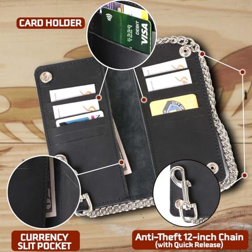 Image of Milwaukee Leather MLW7889 Men's 7.5 inch Black Premium Leather Soft Biker Wallet - Bi-Fold Anti-Theft Stainless Steel Chain