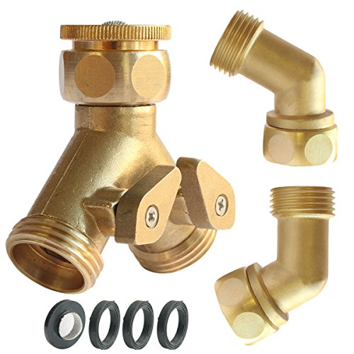 PLG Heavy Duty Brass 2 Way Hose Splitter, Shut-Off Valve and Hose Elbow
