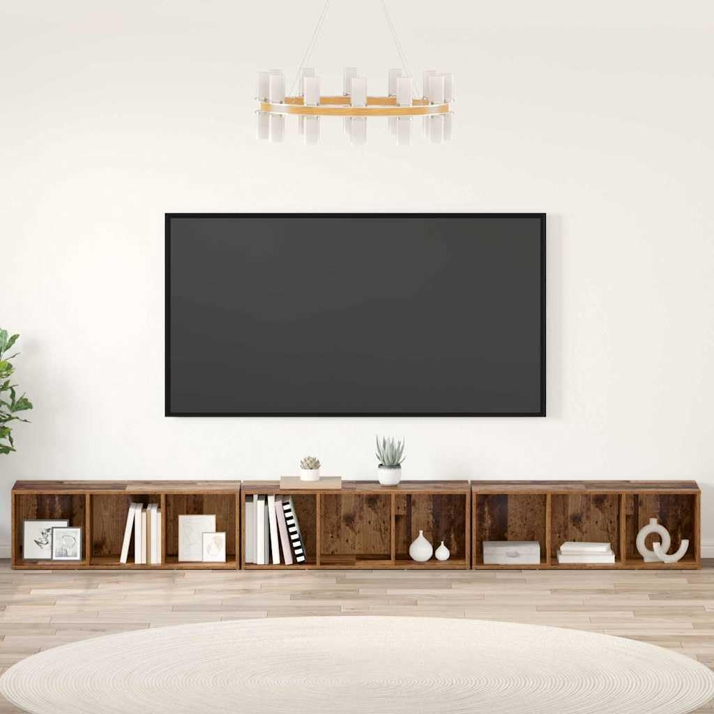 Set di 3 mobili per TV da parete, in legno anticato, 37 x 35 x 107