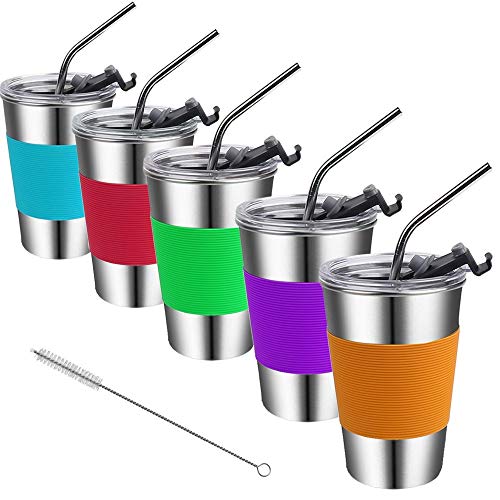 Stainless Steel Kids Cups with Straws and Lids,16oz Spill Proof Kids Tumbler with Straw,Leak Proof Kids Sippy Cups with Lid,Reusable Metal Kids Drinking Mug Glasses with Lid for School,Outdoor
