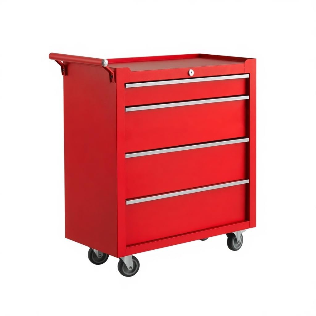 GarveeLife 4-Drawer Rolling Tool Chest, Portable Tool Box with Wheels and Lock, Mobile Storage Cabinet Organizer for Garage Workshop Repair Shop, Red