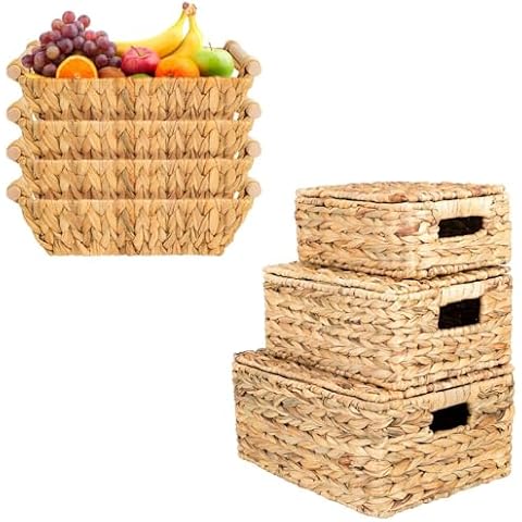 OEHID Wicker Storage Baskets for Organizing, 3 Pack Wicker Storage Baskets with Lid + 4 Pack Small Wicker Baskets for Storage Shelves Cover