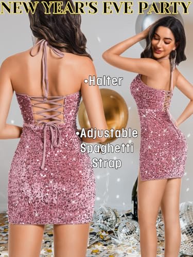 Image of ShawGobow Sexy Sequin Dress for Women,Sparkly Glitter Velvet Mini Prom Dresses,Plunge Backless Club Outfit Cocktail Party