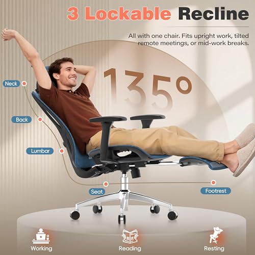 Image of GABRYLLY Ergonomic Office Chair - 135 Reclining Desk Chair with Adjustable Lumbar Support, 3D Armrest, Large Headrest & Heavy Duty Steel Base, 300LBS Mesh Task Chair, Navy Blue