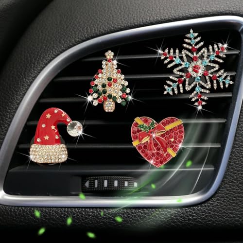 Set of 4 Bling Christmas Car Air Freshener Vent Clips Crystal Rhinestone Sparkly Air Conditioning Outlet Decorative Clip Charms Cute Car Interior Accessories
