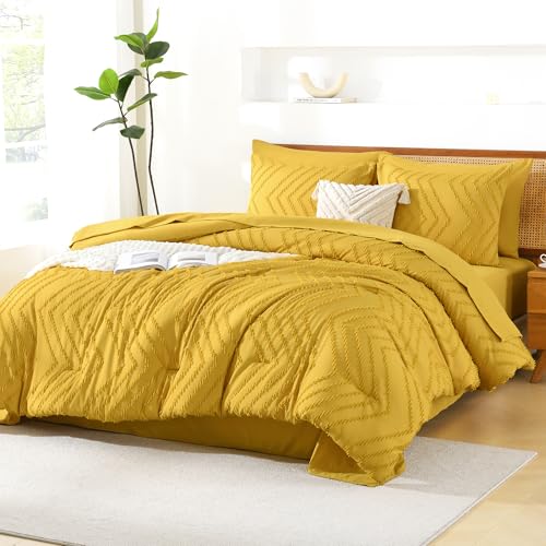 Image of Litanika King Size Comforter Set with Sheets Mustard Yellow - 7 Pieces Bed in a Bag King Chevron Tufted Complete Bedding Sets with Comforter, Sheets, Pillowcases & Shams