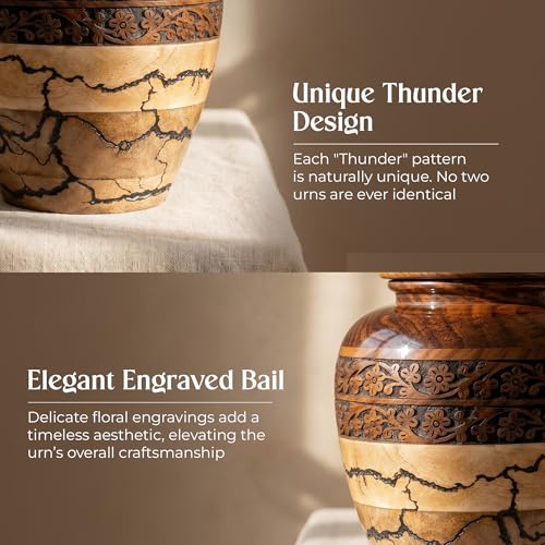 Image of Large Wooden Urns for Human Ashes - 200 lb Black Thunderstorm Pattern Cremation Urn, Decorative Burial Container for Ashes Adult Male or Female Memorial Display