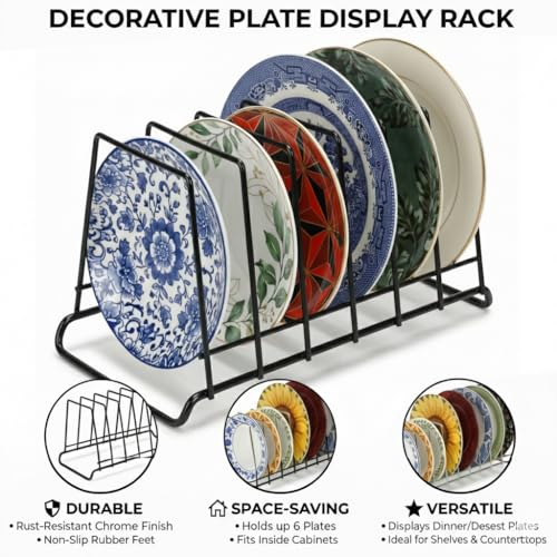 Image of TechSrmaji Heavy 6-Section Stainless Steel Plate Stand | Dish Organizer Rack for Kitchen Cabinet & Countertop | Rust Proof Plate Holder for Dishes, Thali & Lids (6-Section) Black