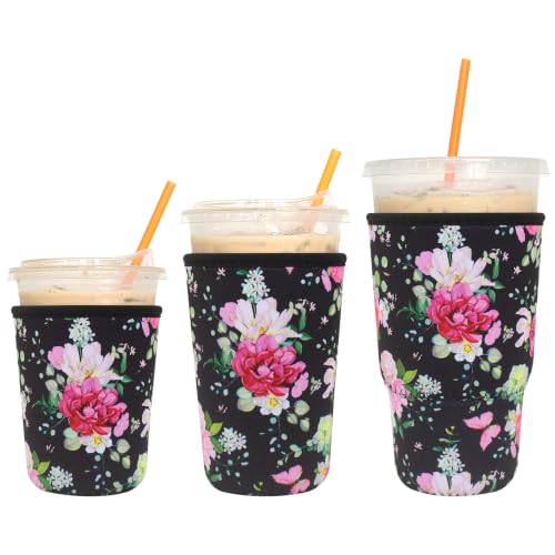 Image of 3 Pack Reusable Iced Coffee Sleeves - Xumbtvs Insulator Sleeve for Cold Beverages, Neoprene Coffee Cup Holder (Black Floral)