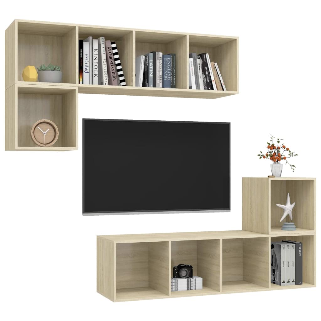 4-TLG. TV-Schrank-Set Sonoma-Eiche Holzwerkstoff, Hängend, Modernes Media Center, Viel Stauraum, für Wohnzimmer und Schlafzimmer
