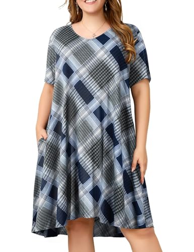 Image of OVERWORETY Womens Short Sleeve Plus Size T-Shirt Dress V Neck Casual Loose Swing A-Line Summer Tunic Dresses with Pockets