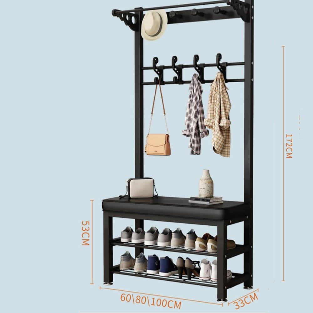 Appendiabiti ad albero da ingresso con panca scarpiera, organizer autoportante per piccoli spazi, design in legno con ganci