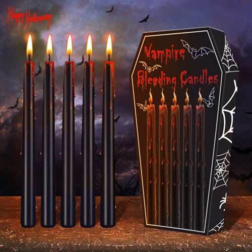 Kenburg Halloween Bleeding Candles Set of 5, 10 in Vampire Tears Black Taper Candles for Home Decor, Gothic About 8 Hour Burn, Party Spooky Decorations