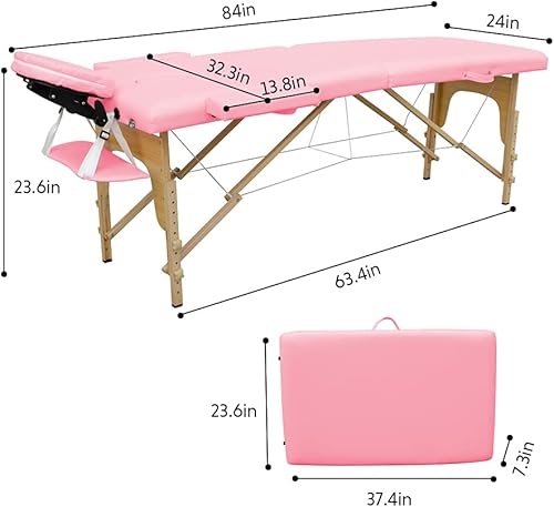 Miniatura 7 de Mesa de masaje portátil, 2 pliegues de 84 pulgadas de altura ajustable para salón, spa, cama de spa, cama de masaje, mesa de terapia de masaje (rosa)