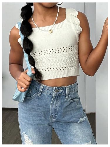 Floerns Girl's Ruffle Straps Knitted Pullover Square Neck Crochet Sweater Tank Top3