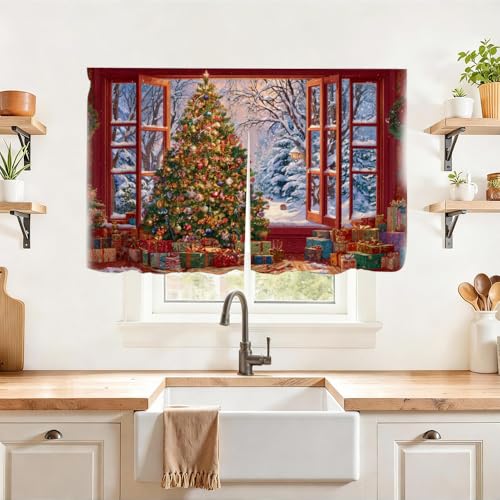 Image of Self Adhesive Open Window View Cabinet Curtain for Mother's Day, 39x28 Inch Festive Tree Under Sink Skirt No Drill, Spring Cleaning Kitchen Decor, Hook and Loop Laundry Valance