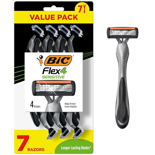 BIC Flex 4 Sensitive Disposable Razors for Men, 4 Blades, Sensitive Skin Razors, Long Lasting, 7-Count