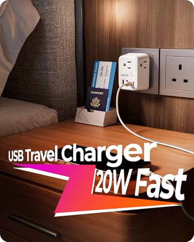 Image of LENCENT Foldable US to UK Ireland Travel Plug Adapter, PD 20W Type G Power Adaptor with 4 Outlet, USB C Fast Charger Adapter, USA to Dubai Scotland British London England Hong Kong Irish Qatar