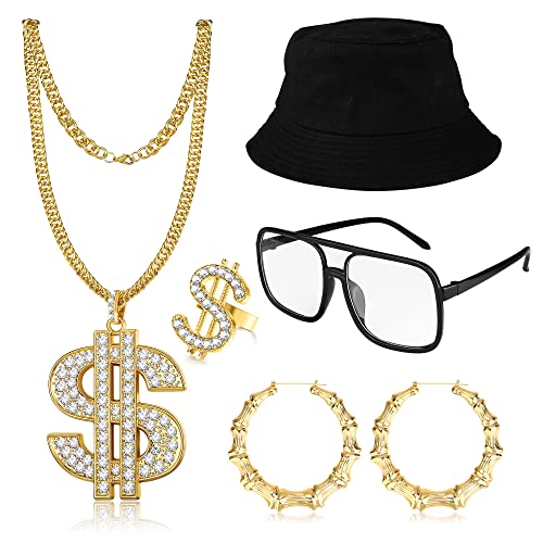 JeweBella 6 Piezas Kit de Disfraz de Hip Hop para Hombre Mujere Accesorios Rapero Disfraz Gafas de Sol Sombrero de Cubo Aanillo de Cadena de Oro en Dólares para Raperos de los Años 80/90 Halloween Cover