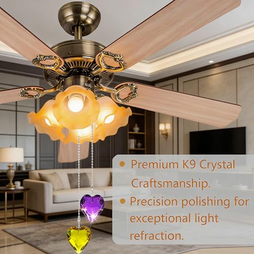 Image of 2Pcs Crystal Ceiling Fan Pull Chain Extender with Connector, 12 inch | K9 Crystal Glass, Not Acrylic, Heart Prism, Cut-To-Length Adjustable, Snap-On Connector For Fan, Light, Lamp (Yellow+Purple)