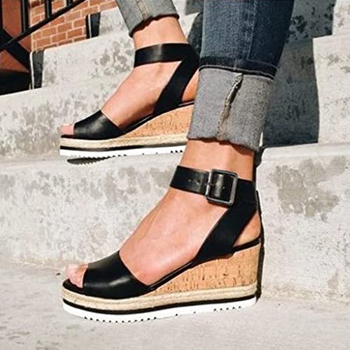 Womens Sandals, Women's Wedges Straw Shoes, Summer Open Toe Ankle Strap Sandals, Fashion Chunky Heels Roman Sandals2