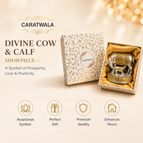 Image of KYAT Pure 999 Fine Silver Kamdhenu Cow with Calf Idol Elephant Pair (Kamdhenu Gold & Silver- 3.5'')