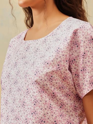 Image of Clovia Women's Floral Print T-Shirt & Pyjama Korean Night Suit for Girls | Rayon Korean Night Dress Set | Comfortable Multicolor Sleepwear