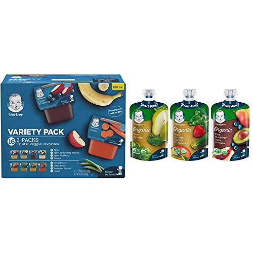 Gerber Purees 2nd Foods Veggie & Fruit Variety Pack, 8 Ounces, Box of 16 (packaging may vary) & Purees Organic 2nd Foods Baby Food Fruit & Veggie Variety Pack, 3.5 Ounces Each, 18 Count