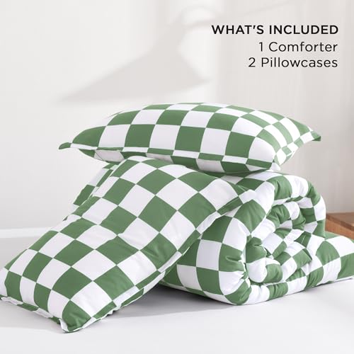 Image of Andency Green Checkered Comforter Full(79x90Inch), Plaid Gingham Buffalo Grid Bedding Comforter Sets for Boys Kids Teens, 3 Pieces Lightweight Polyester Geometric Preppy Bed Set