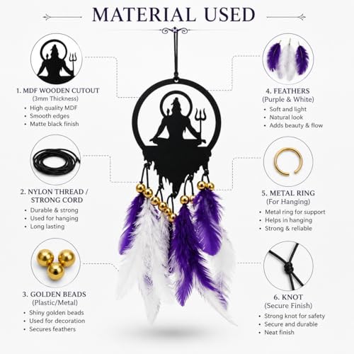 Image of Acrylic Dream Catcher Car Hanging Ornament with Purple and White Feathers - Rear View Mirror Decor for Cars, Spiritual Wall Hanging Decoration for Home, Office and Gift Use (SIVAJI-03)