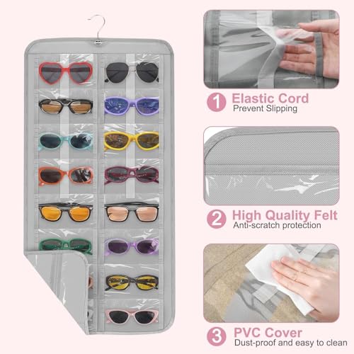 EEEKit Hängender Sonnenbrillen Organizer, 32 Taschen Doppelseitiger Brillen Schmuck Organizer Aufhänger, Staubdichter Wandmontierter Schmuck Brillen Aufbewahrungs Halter mit Haken