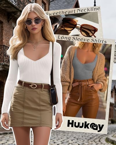 Huukeay 3 Pack Women's Ribbed Long Sleeve Shirts, Sexy Sweetheart Neckline Tops Fall Knit Slim Fit T-Shirt Y2k Going Out Tees2