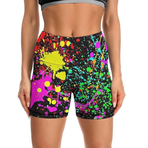 Glow in Dark Splatter Neon High Waist Yoga Shorts for Women Athletic Shorts Leggings Running Pants