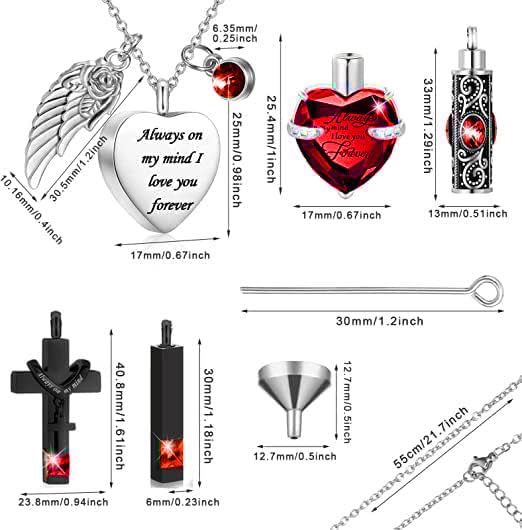 5 Piece Urn Necklace for Ashes, Red Cremation Jewelry for Ashes, Crystal Heart Cross Cubic Ashes Necklace with Angel Wing, Ashe Keepsake for Men and Women with Small Spoon, Funnel, Velvet Bag2