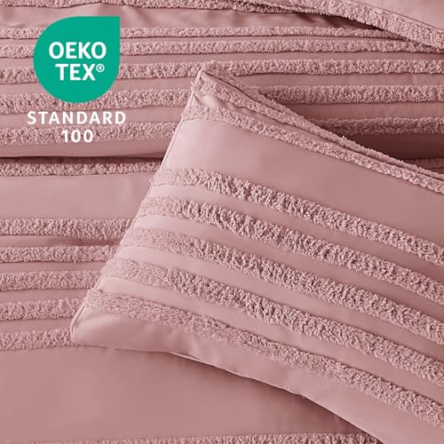 Image of BEDELITE Boho Comforter Set Queen Size, Dusty Pink Tufted Striped Bed Set 3 Pieces, Soft Vintage Farmhouse Comforter for All Seasons, Boho Home Decor,Fluffy Jacquard Bedding with 2 Pillow Shams
