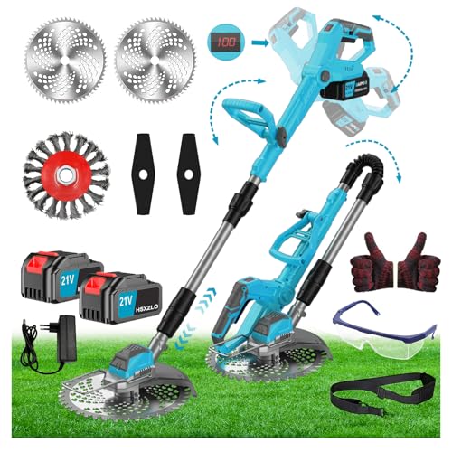 21V Rasentrimmer mit Akku 3 in 1 Rasenkantenschneider mit Unkrautbürste Faltbar Elektrischer Motorsense Freischneider mit 3 Verschiedenen Klingen für Rasenschneiden Rasenpflege (Blau-1)